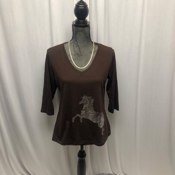 Rods Brown V-Neck Horse Graphic T-Shirt Womens Size Large Equestrian Casual - Picture 1 of 7
